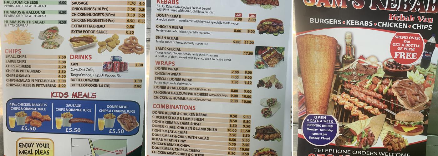 Sam's kebab Menu