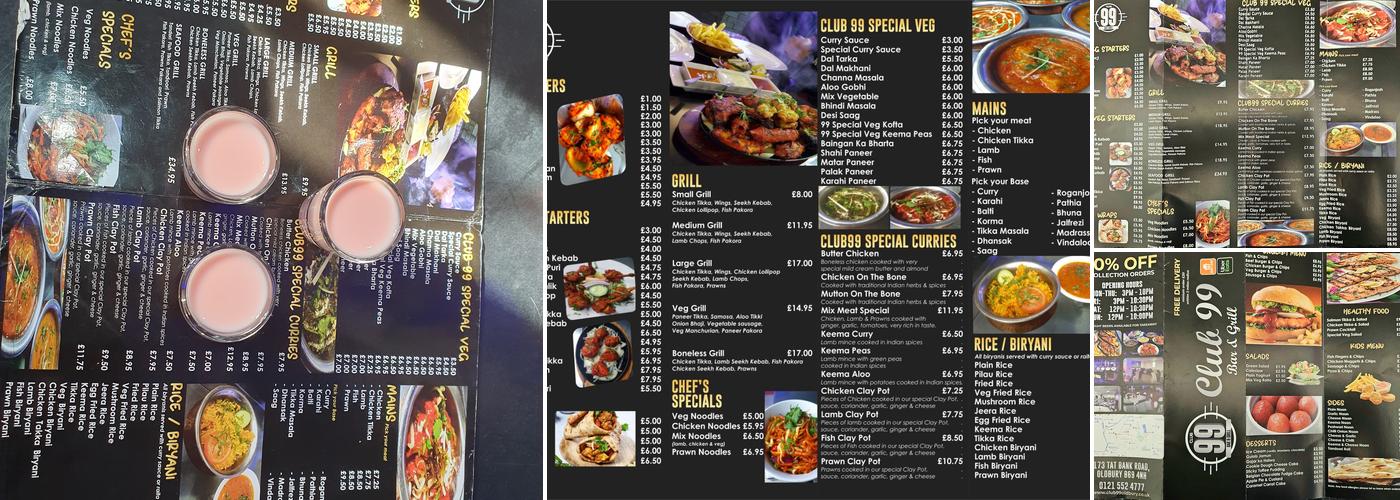Club 99 bar & grill Menu
