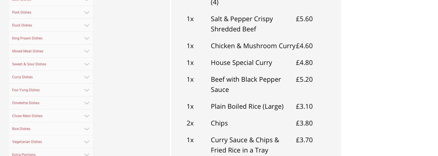 Tividale Valley Menu
