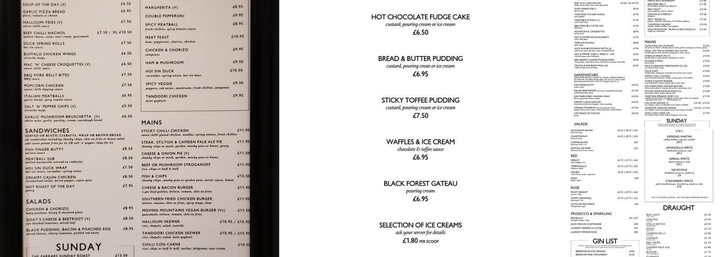 The Farrars Arms Menu