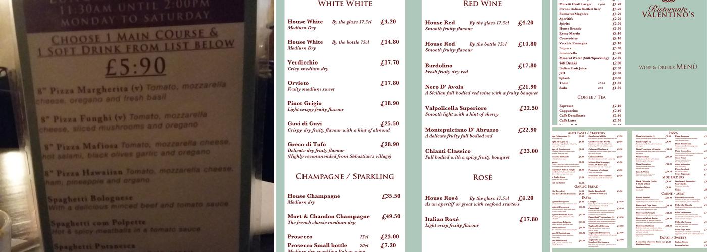 Valentino's Menu