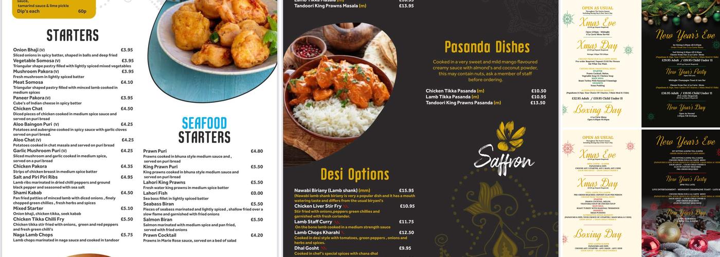 Saffron indian restaurant and takeaway Menu