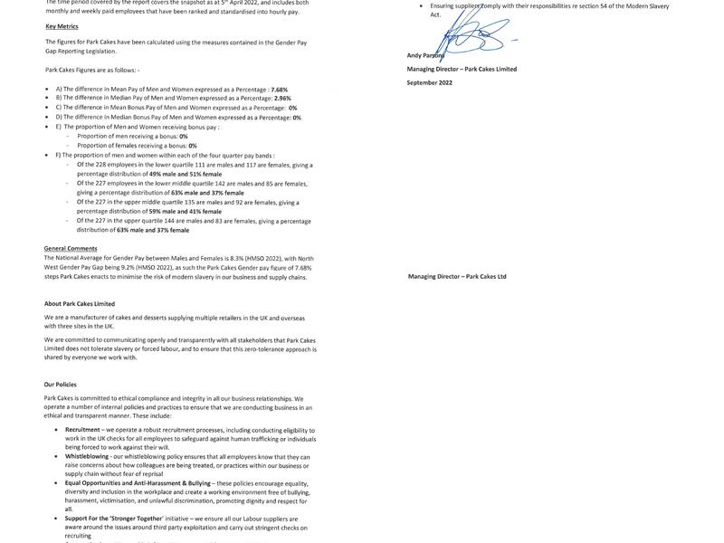 Park Cakes Bakeries Menu