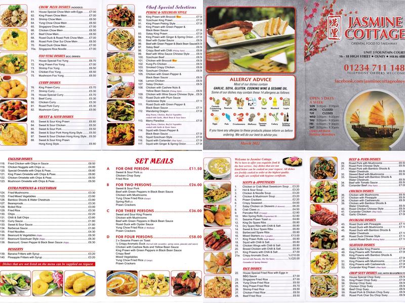 Jasmine Cottage Menu
