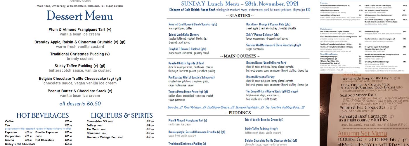 The Cross Keys Ombersley Menu