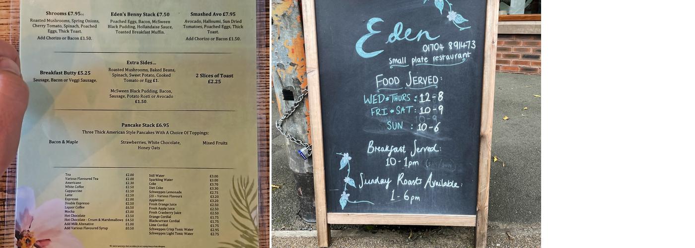 Eden Bistro - Burscough Menu