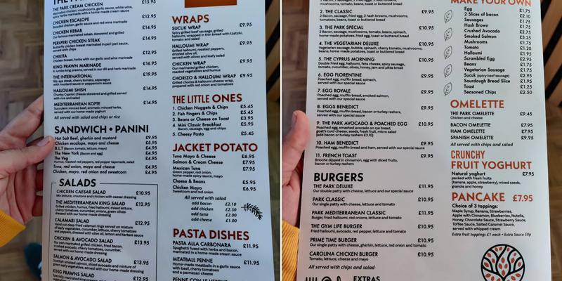 The Park Cafe Menu