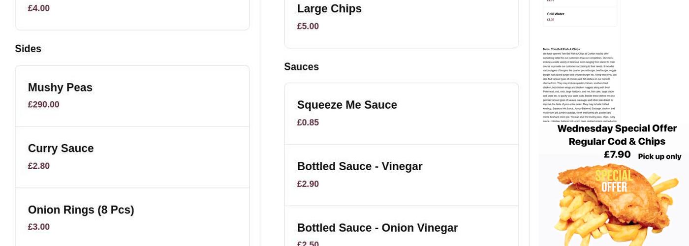 Tom Bell Fish & Chips Menu