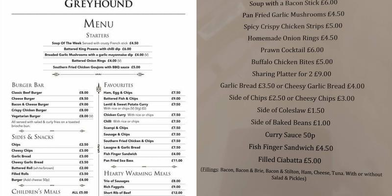 The Greyhound Menu