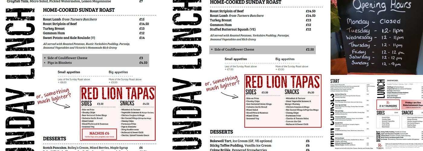 The Red Lion, Overton Menu