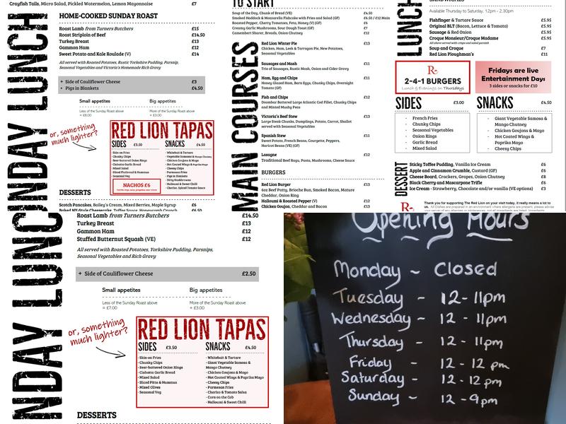 The Red Lion, Overton Menu