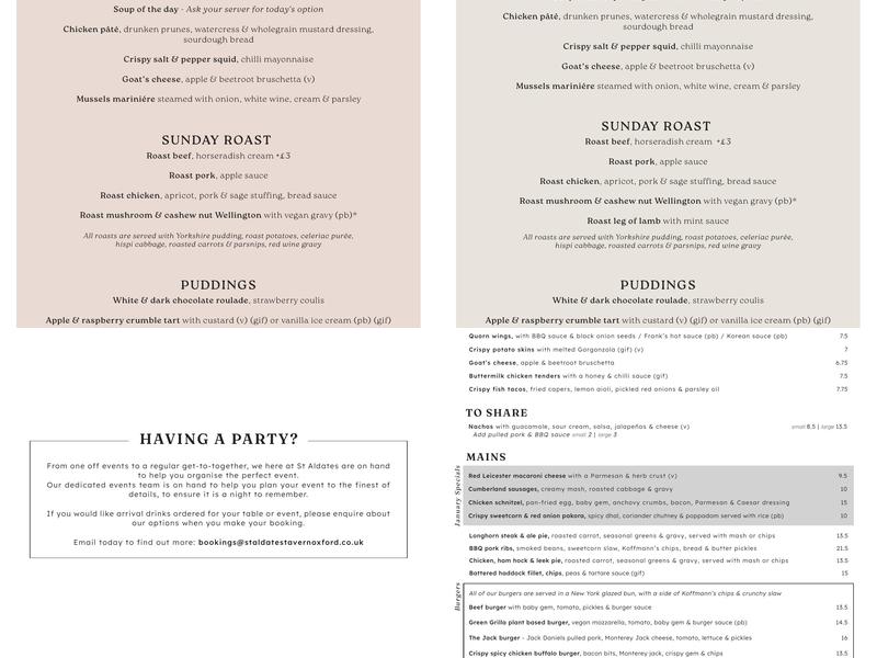 St Aldates Tavern Menu