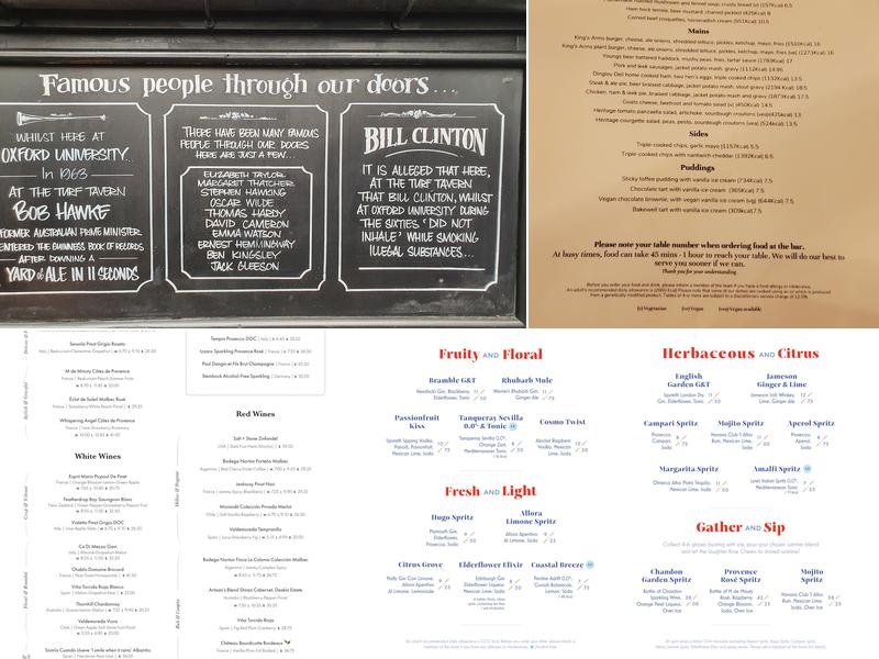 King's Arms, Oxford Menu