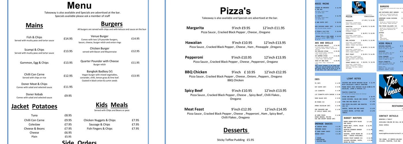 The Venue St Merryn Menu