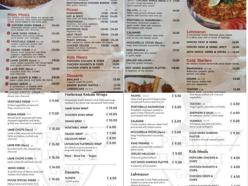 Peaky's Turkish Grill Menu