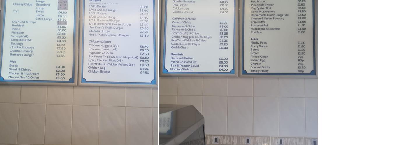 John Dorys fish and chips Menu