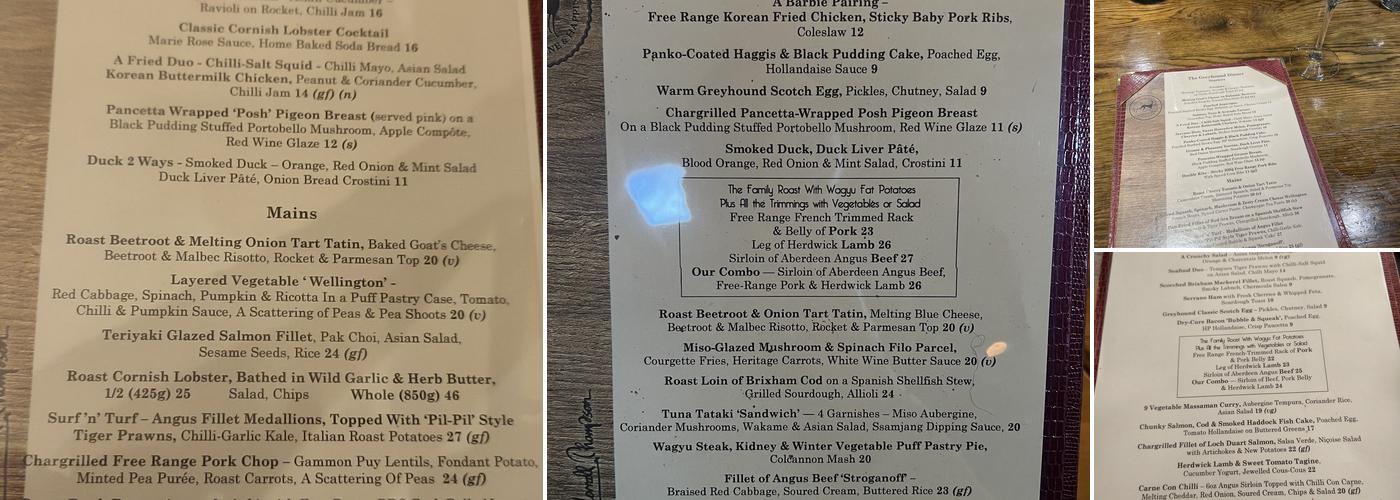 AWT's The Greyhound on Gallowstree Menu