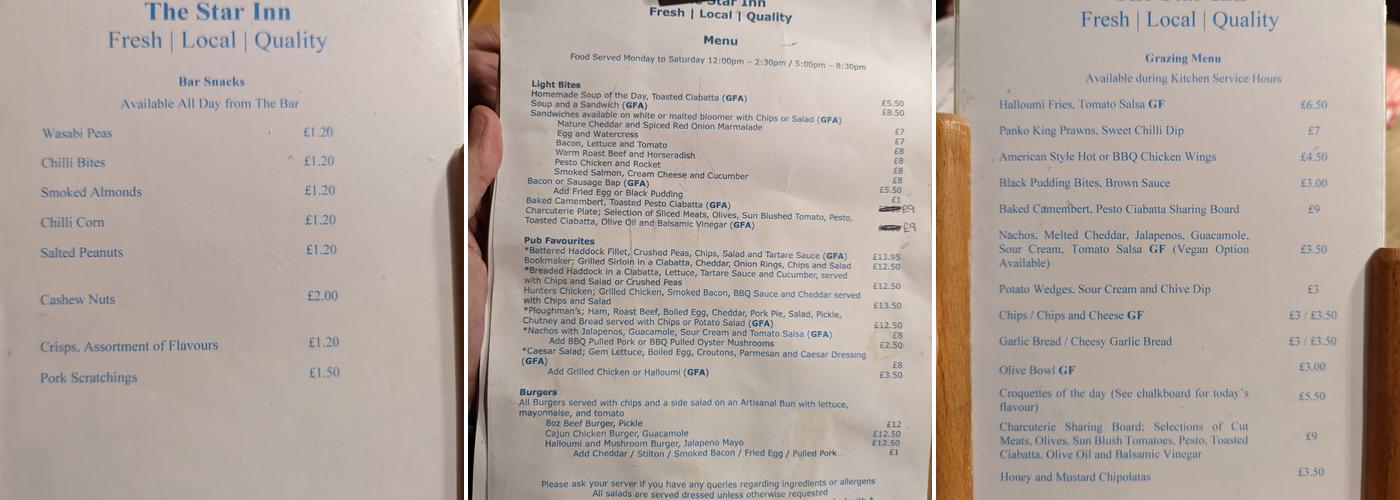 The Star Inn Menu