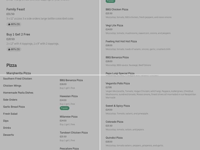Papa Luigi Dial-a-pizza Menu