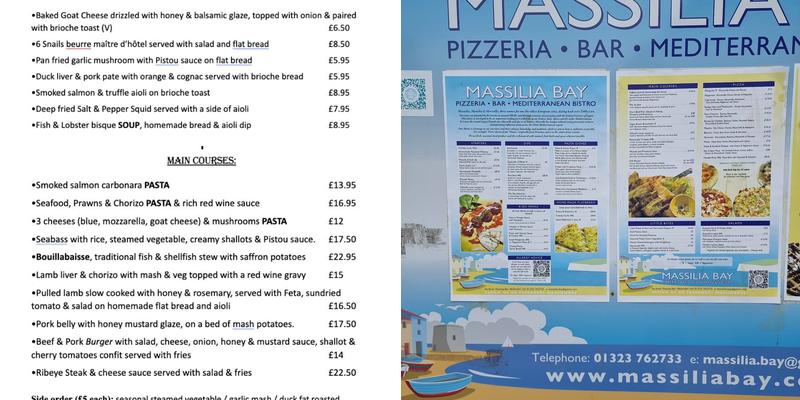 Massilia Bay Menu