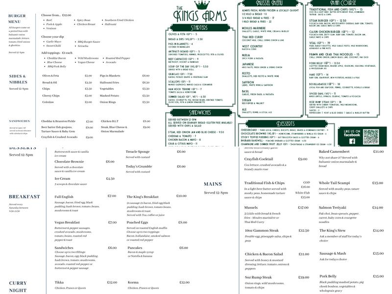The King's Arms - Tamerton Foliot Menu