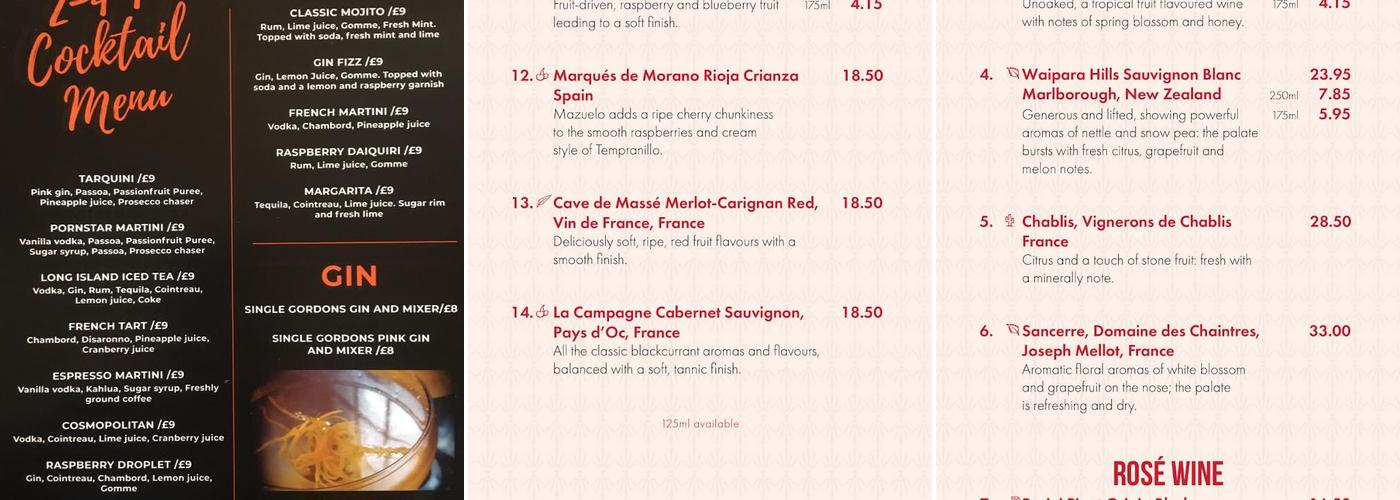 Portico cocktail bar and cafe Menu