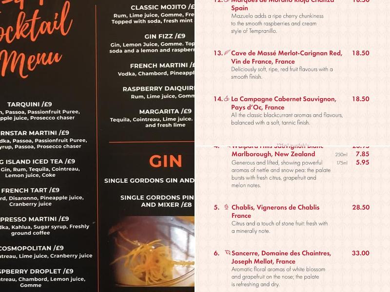 Portico cocktail bar and cafe Menu