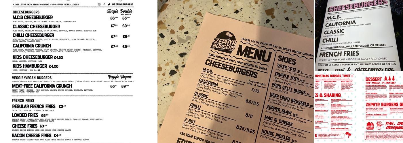 Zephyr Burgers Menu