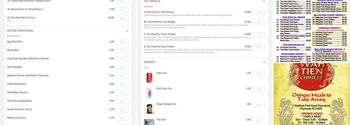 Wah Tien Chinese Restaurant Menu