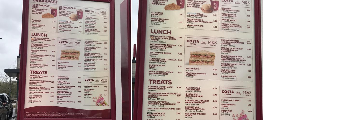Costa Coffee Menu