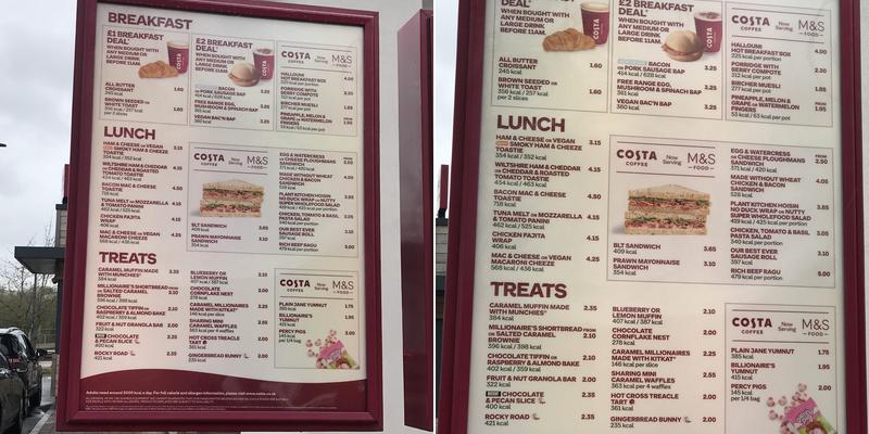 Costa Coffee Menu