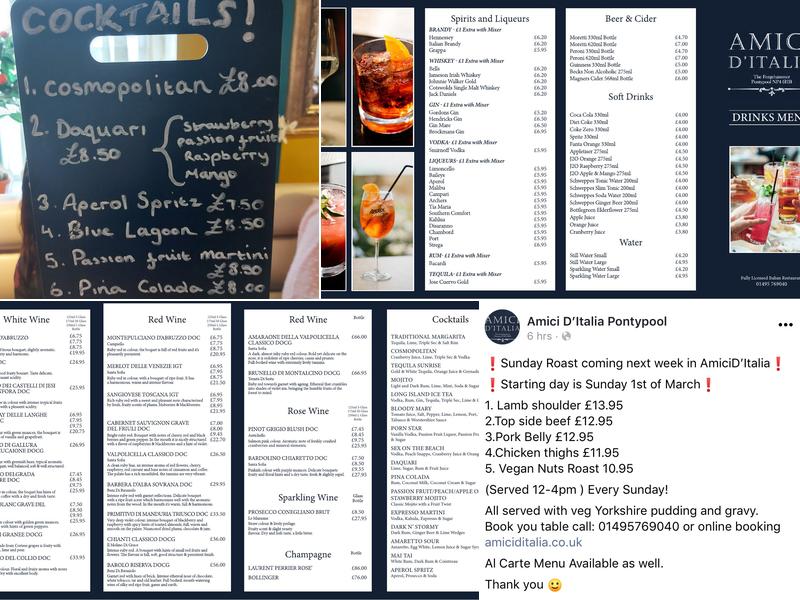 Amici D’Italia Pontypool Menu