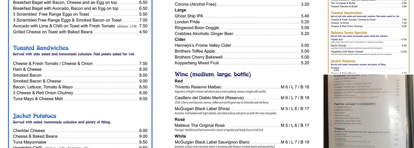 Boheme Coffee Lounge & Bar Menu