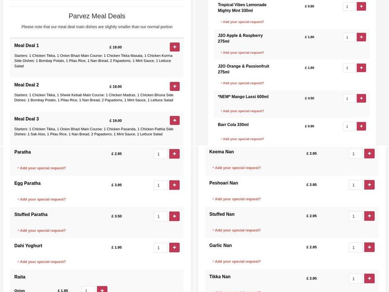 Parvez Tandoori Menu