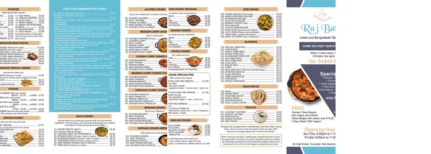 Raj Balti Menu