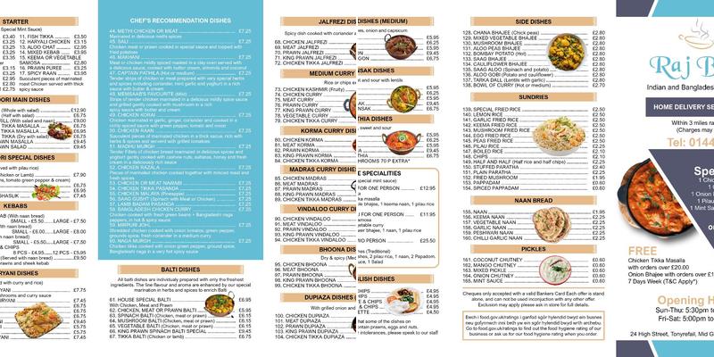 Raj Balti Menu