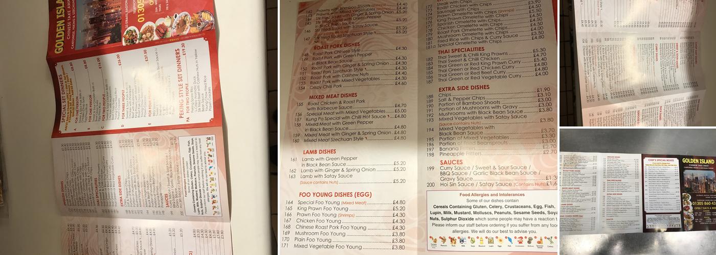 Golden island Chinese take away in Portland Menu