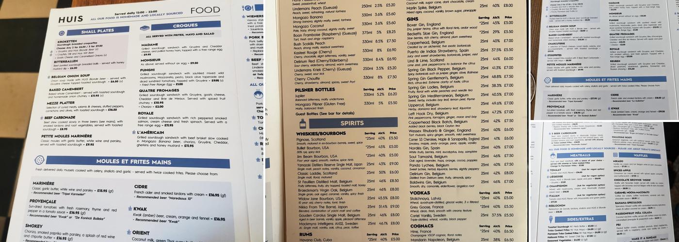 Huis Belgian Bar & Kitchen Menu