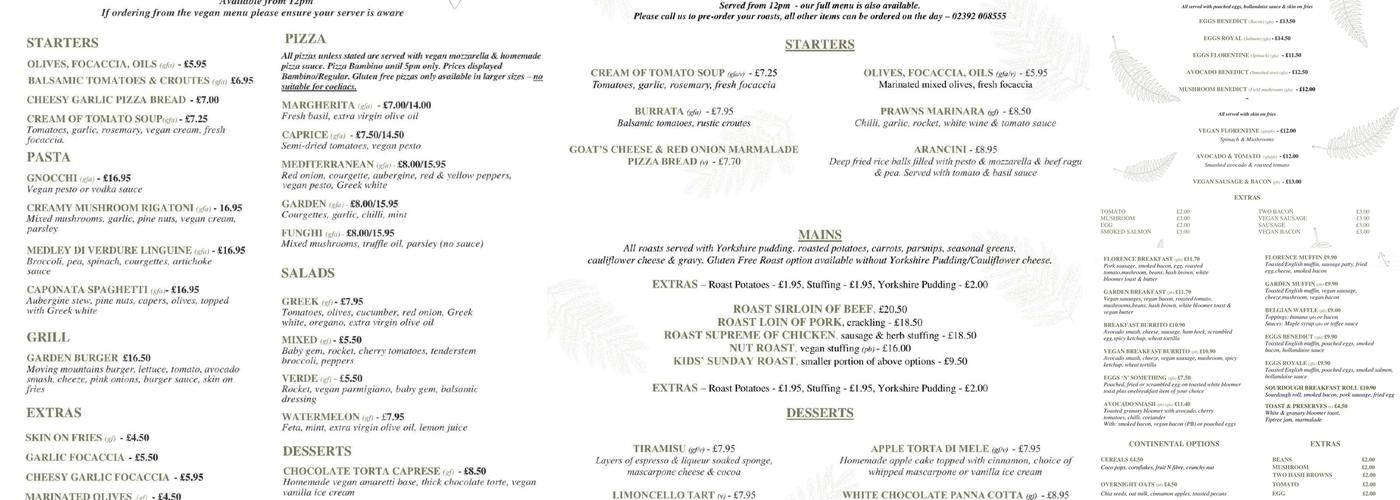 The Garden Southsea Menu