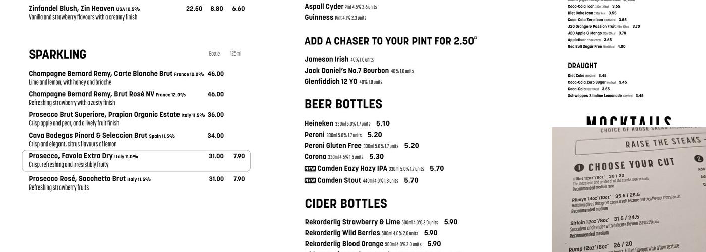 Bar + Block Steakhouse Portsmouth Menu