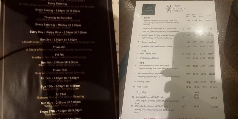 Sherlock’s Bar Southsea Menu