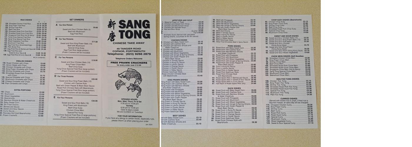 Sang Tong Chinese Takeaway Menu