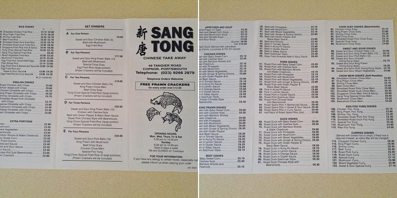 Sang Tong Chinese Takeaway Menu