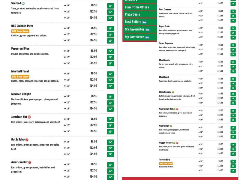 Papa’s tops pizza Menu