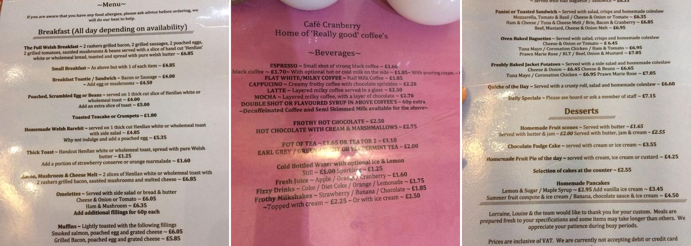 Cafe Cranberry Menu