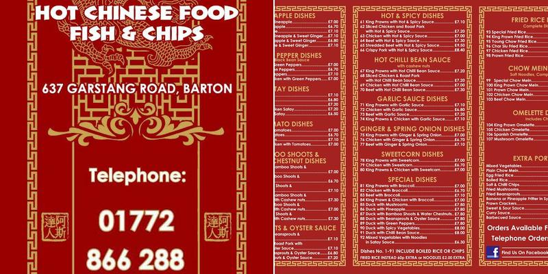Barton Takeaway Preston Fish and Chips & Chinese Food Menu