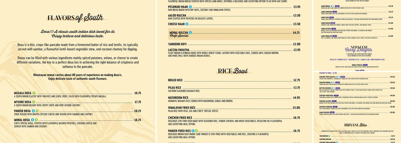 Himalayan Monal Menu