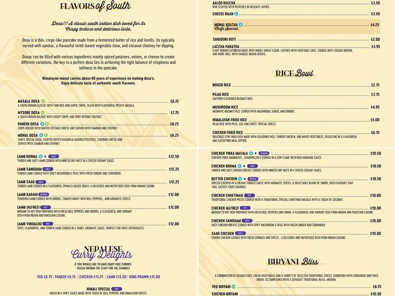 Himalayan Monal Menu