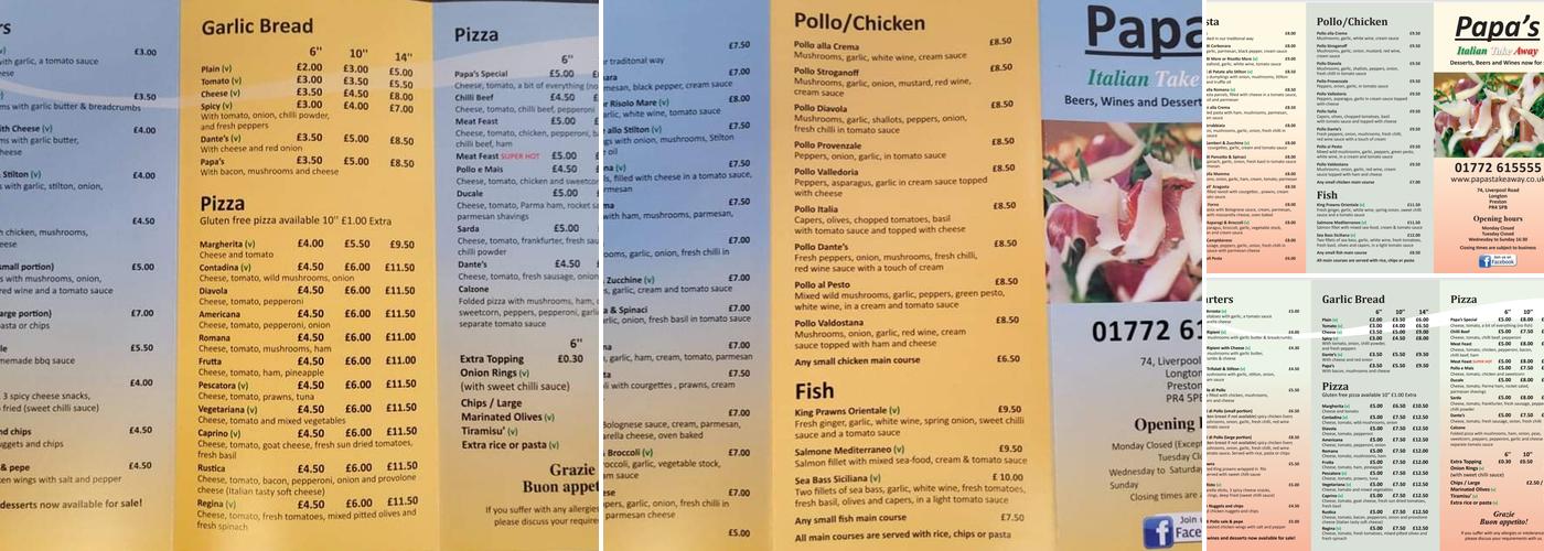 Papas Pizzeria Menu