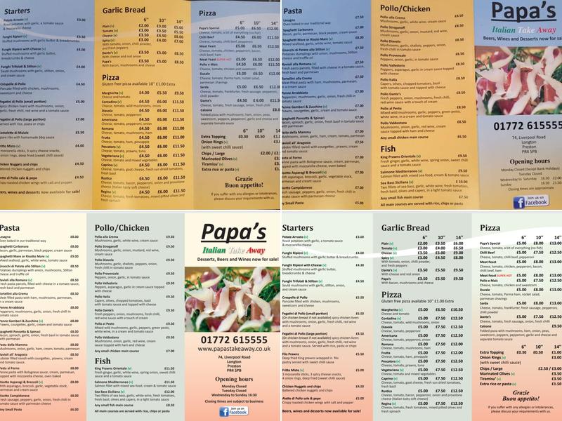 Papas Pizzeria Menu